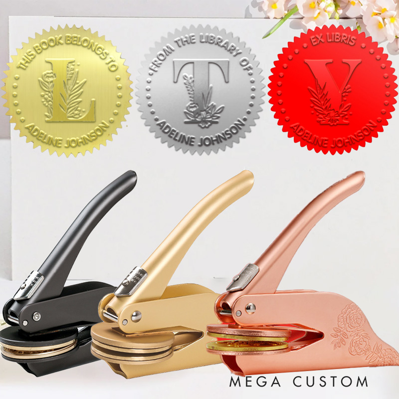 Personalized Floral Initial Book Embosser Stamp Hand Held Flower Embosser with Name and Title Birthday Gift for Book Lovers Librarian Gift
