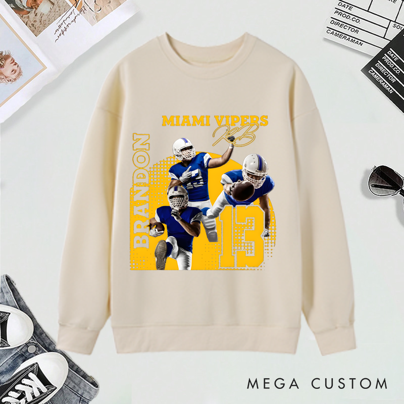 Personalized American Football Sweatshirt with Custom Photo, Name, Team Name, and Number Design