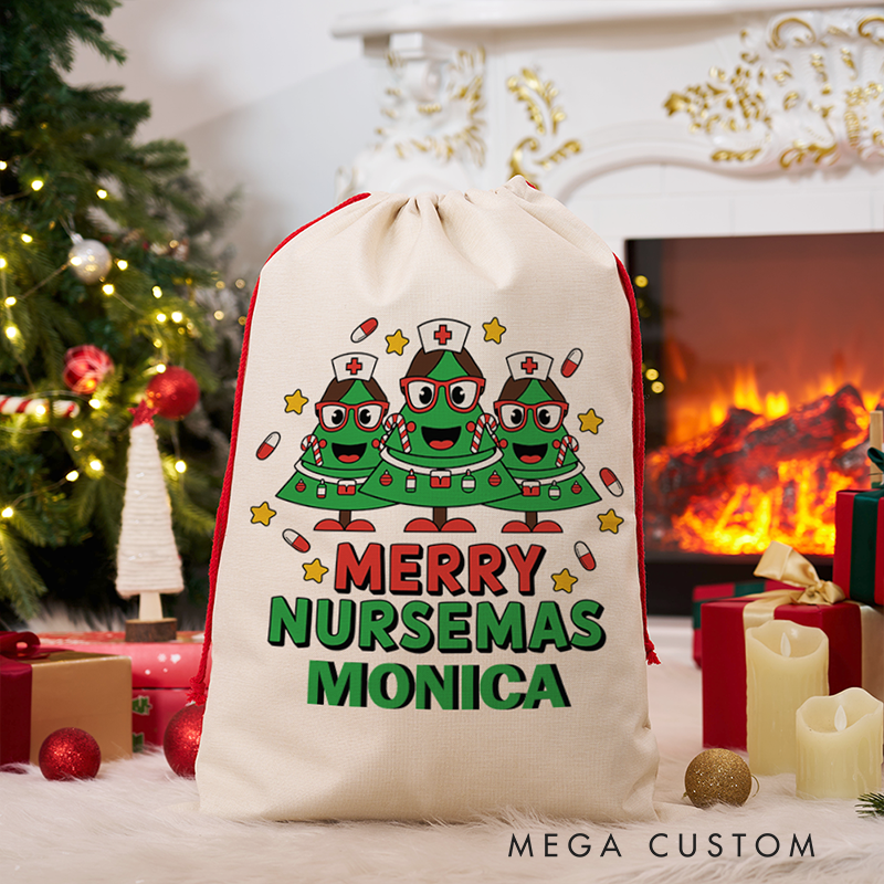 Merry Nursemas Personalized Christmas Gift Sack Custom Name Holiday Santa Bag for Nurses