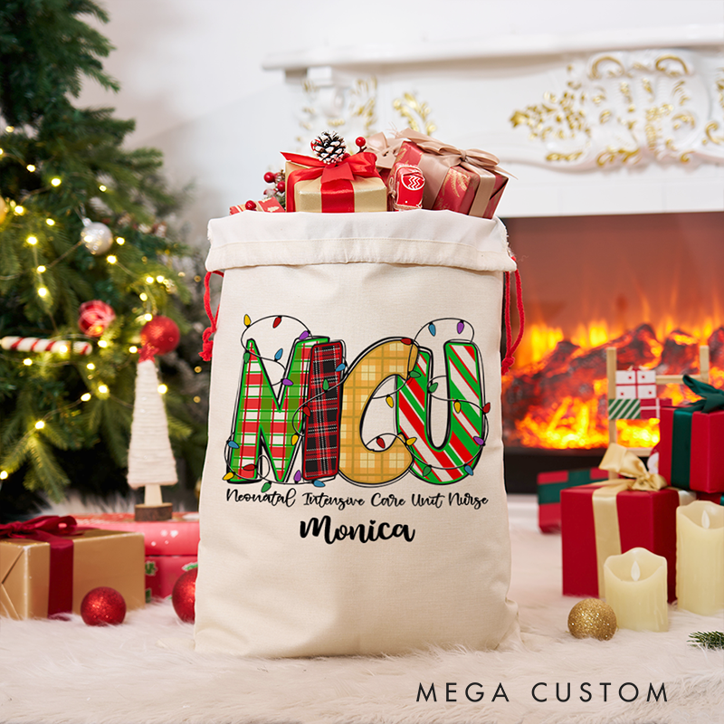 Personalized Christmas Gift Sack for NICU Nurse Custom Name Holiday Santa Bag Christmas Gift