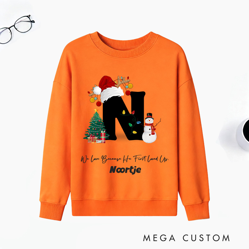 Personalized God’s Love Christmas Trees Snowmen Multicolor Classic Sweatshirt with Initial and Name Religious Christmas Gift for Couple Family Friends
