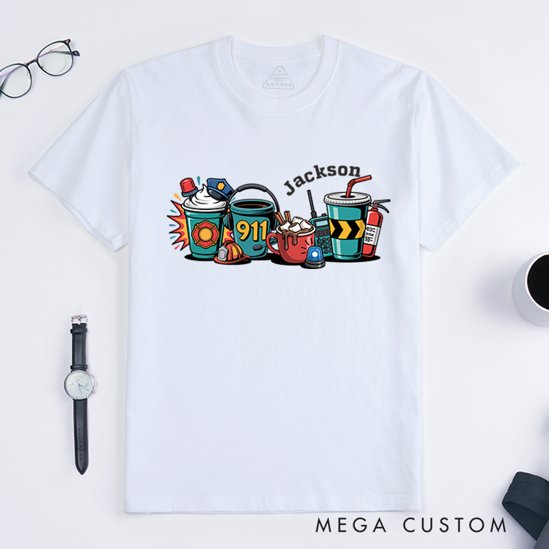 Personalized 911 Dispatcher T-Shirt with Fun Coffee and Work Themed Design Gift for Dispatchers