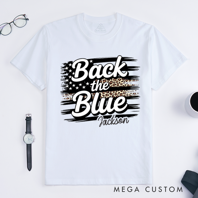 Personalized Back the Blue T-Shirt with Leopard Print and American Flag Design Gift for Police Supporters