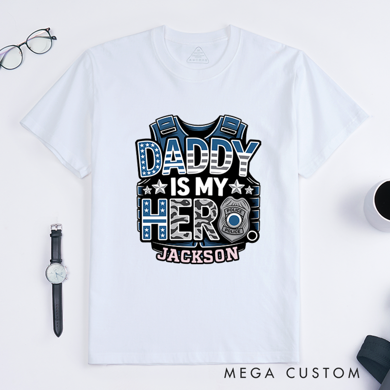 Personalized Daddy Is My Hero T-Shirt with Police Badge and Vest Design Gift for Kids of Officers