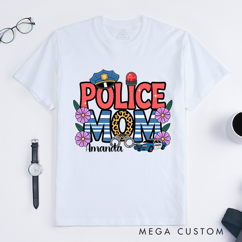 Personalized Police Mom T-Shirt with Floral and Police Themed Design Gift for Proud Law Enforcement Moms