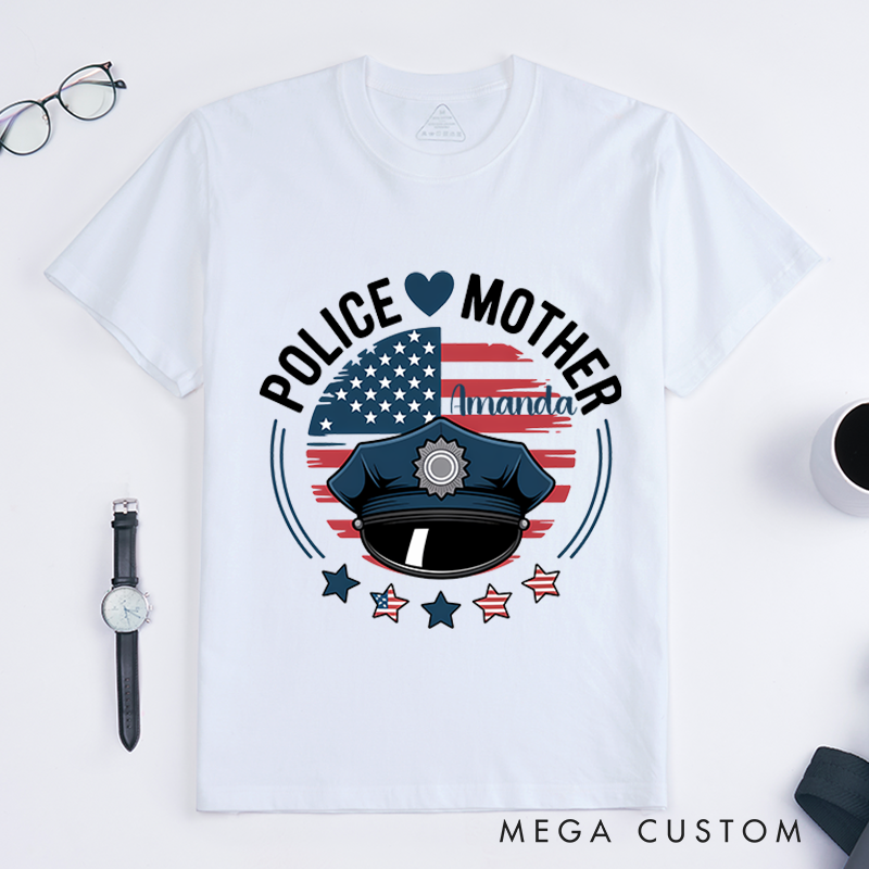 Personalized Police Mother T-Shirt with American Flag and Police Hat Design Gift for Proud Moms of Officers