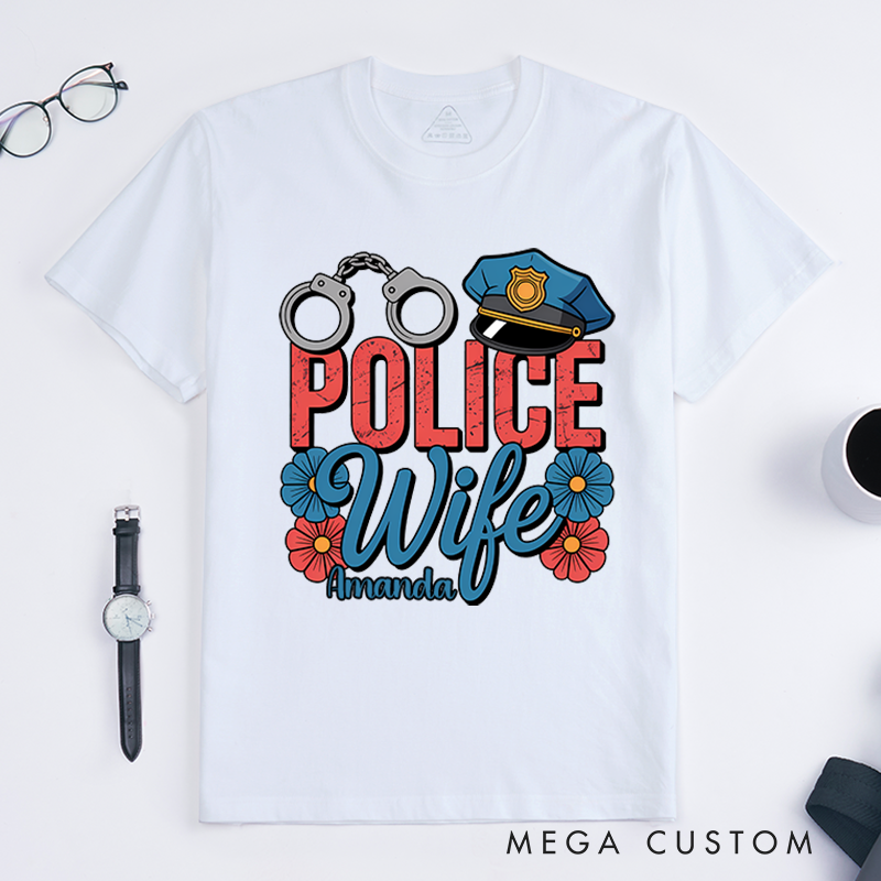 Personalized Police Wife T-Shirt with Handcuff, Hat, and Floral Design Gift for Proud Law Enforcement Wives