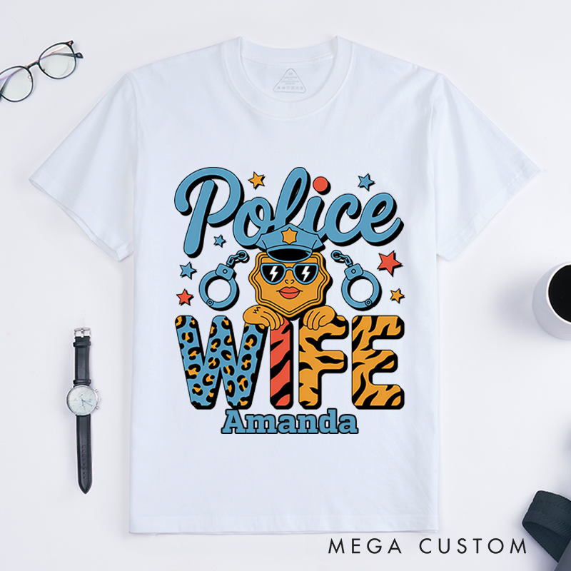 Personalized Police Wife T-Shirt with Fun and Colorful Design Featuring Handcuffs and Stars Gift for Law Enforcement Wives