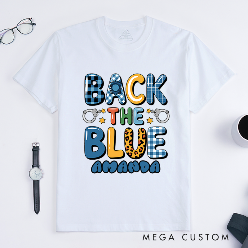 Personalized Back the Blue T-Shirt with Fun and Vibrant Design Featuring Handcuffs and Stars Gift for Law Enforcement Supporters