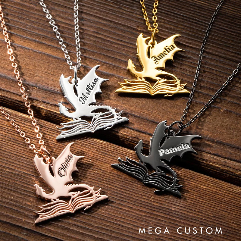 Personalized Book Dragon Necklace with Name Birthday Anniversary Gift for Bookworm Reader Fantasy Book Lovers Gift