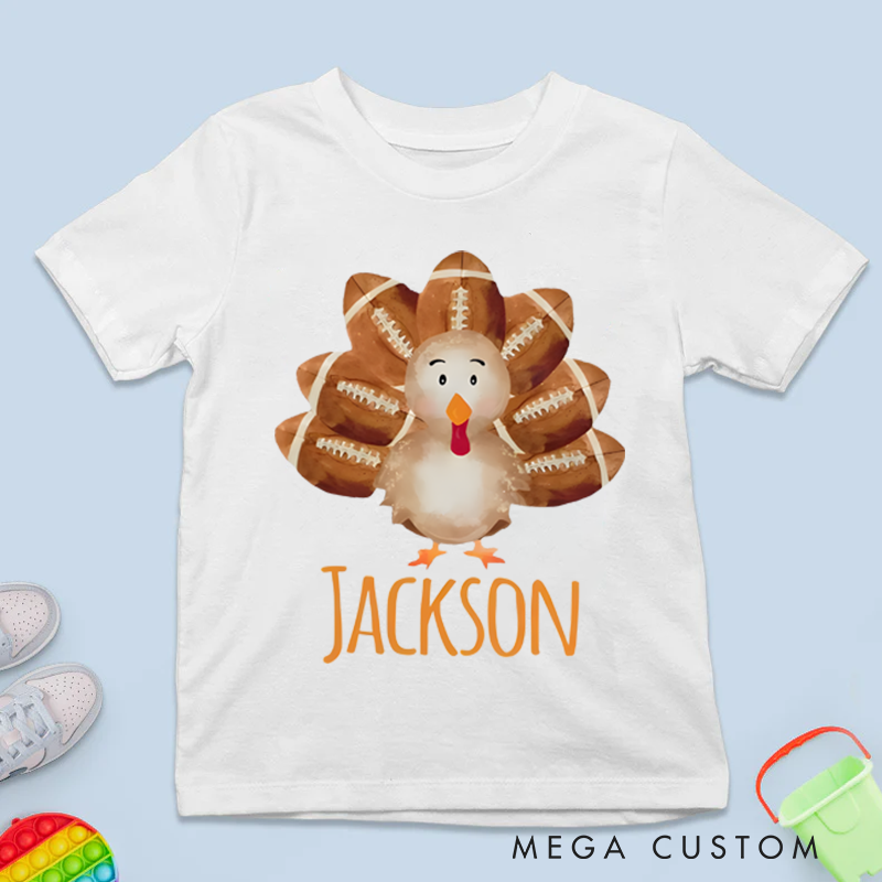 Personalized American Football Thanksgiving Turkey Shirt Custom Name Kids Tee