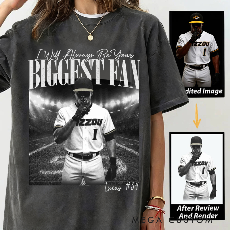 Personalized "I’ll Always Be Your Fan" Baseball T-Shirt with Custom Photo and Name 