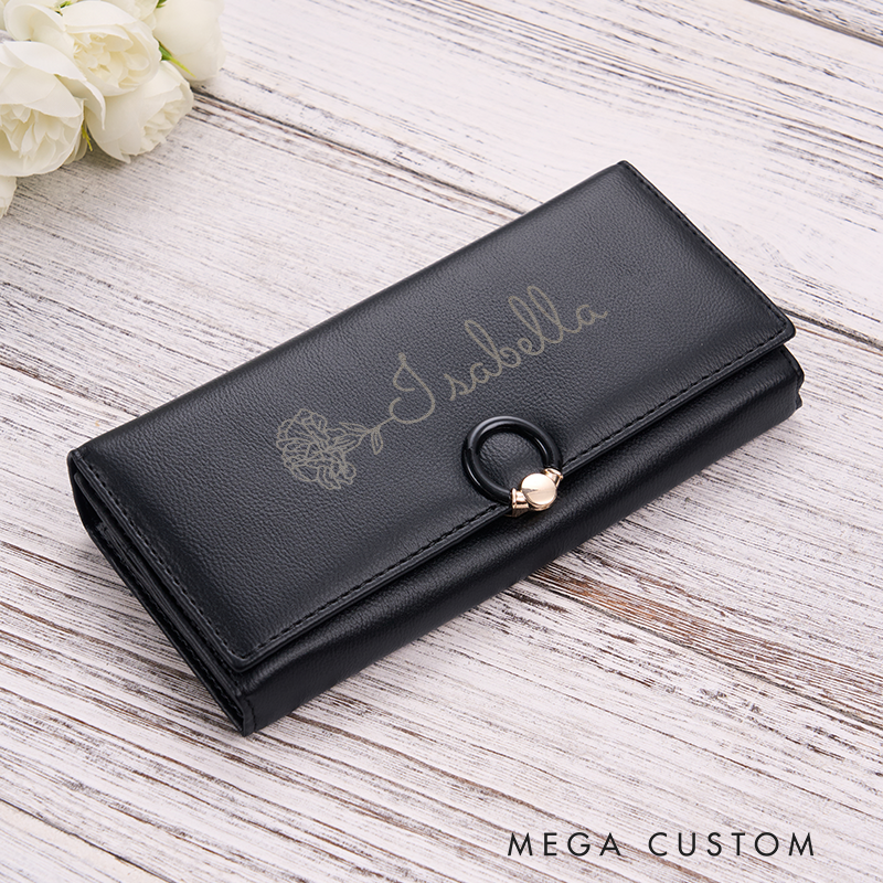 Personalized Leather Wallet For Her Birth Flower Wallet with Name Engraved Wallet For Women Leather Purse Birthday Gift For Her Gift For Mother Bridesmaid Gift Christmas Gift
