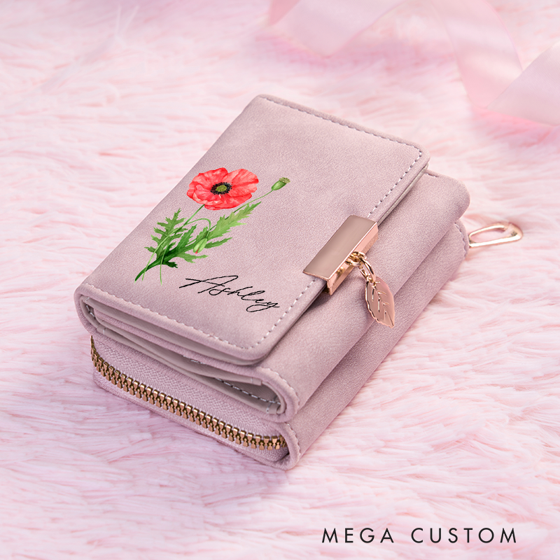 Personalized Leather Wallet for Girl Birth Flower Wallet for Her Trifold Wallet Purse Wallet Cute wallet Unique Gift for Her Birthday Gifts