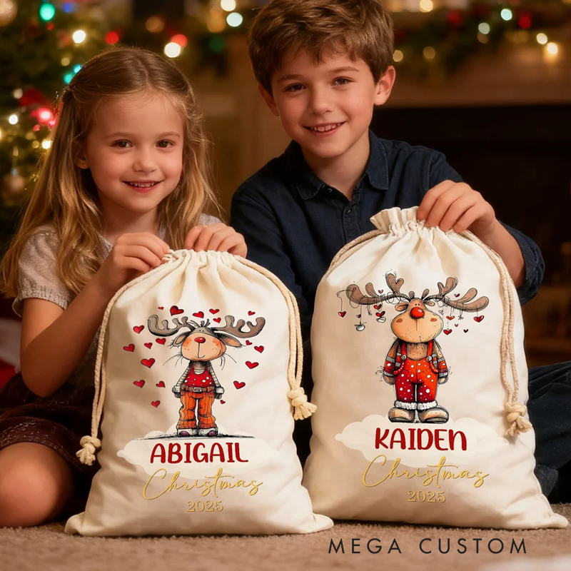 Personalized Cute Cartoon Elk Design Christmas Drawstring Gift Bag with Name Christmas Gift for Kids Family