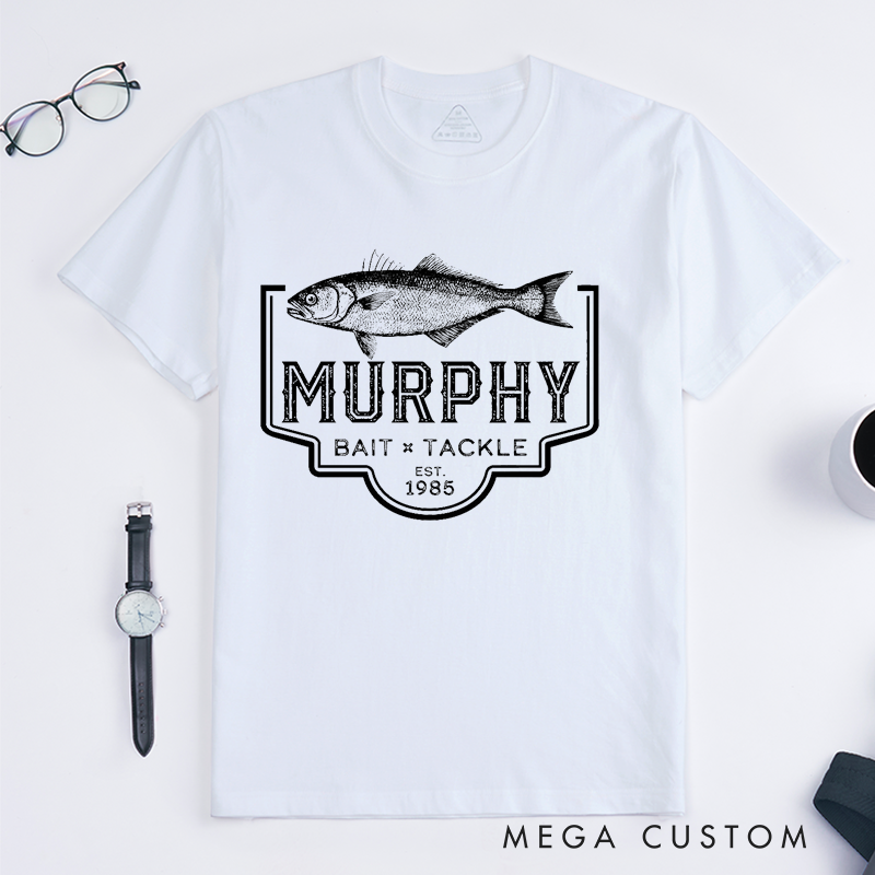 Personalized Murphy Bait and Tackle Fishing T-Shirt Custom Bass Fishing T-Shirt Classic Fish Design Perfect for Fishing Trips Outdoor Adventures and Casual Wear