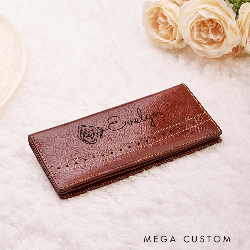 [Copy]Personalized Women Leather Wallet Birth Flower Women Wallet Engraved Leather Wallet Leather Purse Birth Flower Monogram Wallet Women's Purse Gift For Her Gift For Mother Birthday Gift