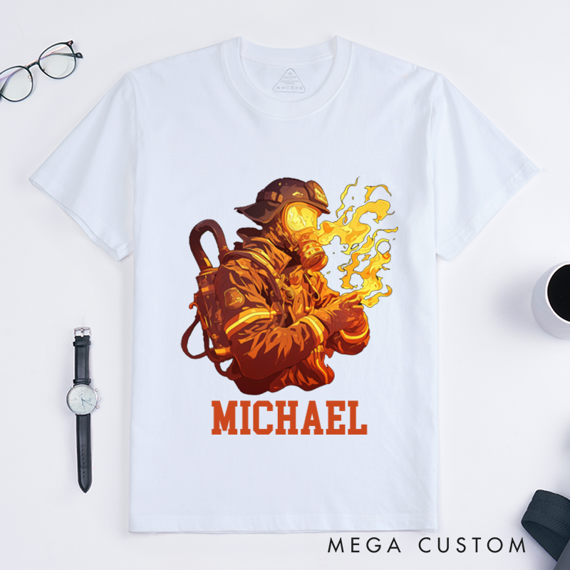 Personalized Firefighter T-Shirts Custom Firefighter Flames Graphic Design T-Shirt Firefighter Dad Gift