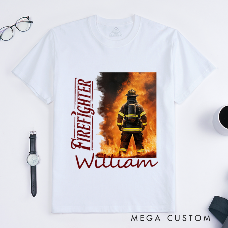 Personalized Heroic Firefighter and Flames Illustration Design Gift for Firefighter T-Shirt