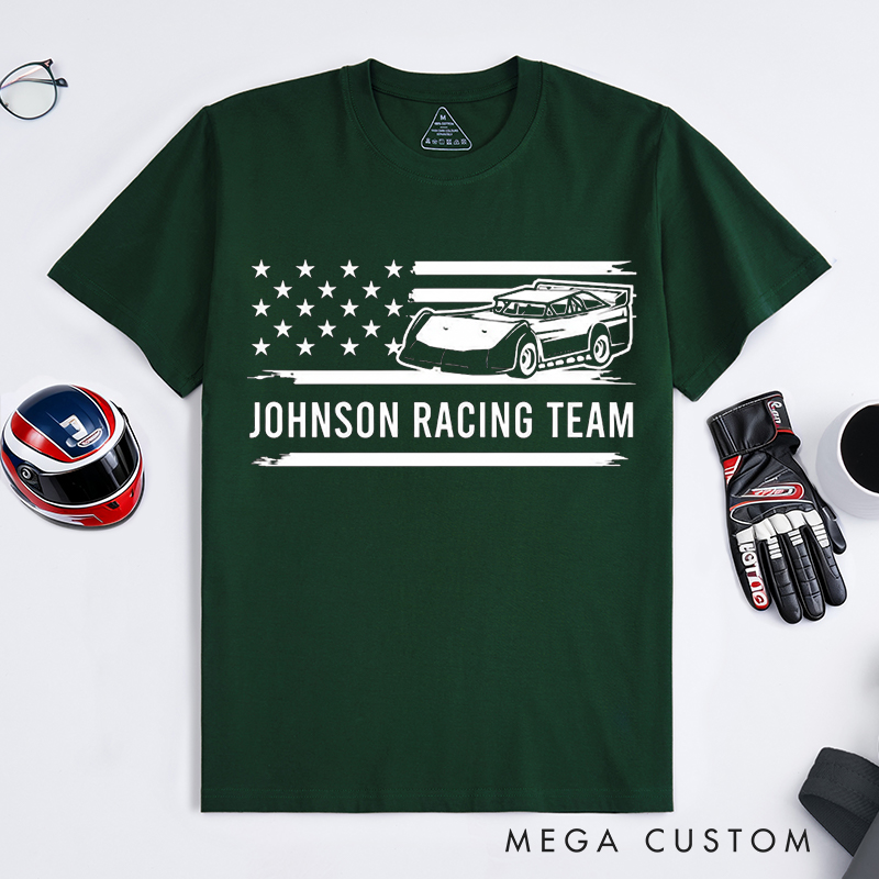 Personalized Racing Team T-Shirt Custom Text Vintage USA Flag Race Car Design for Racers and Racing Lovers