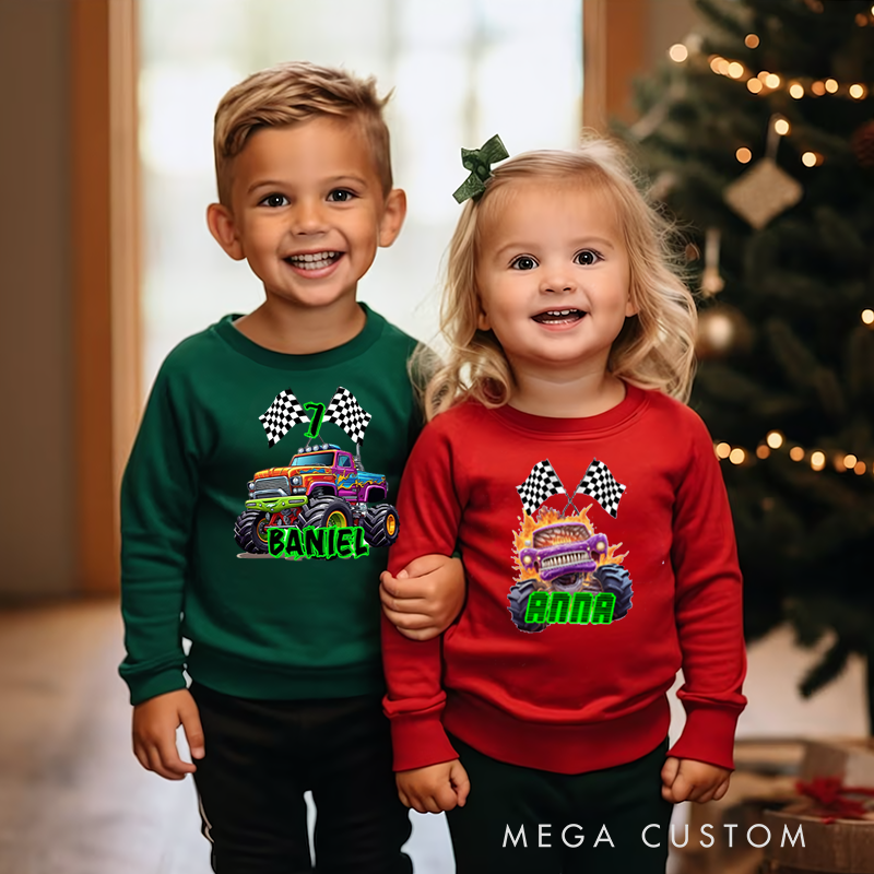 Personalized Big Wheel Off Road Truck Multicolor Kid's Sweatshirt Hoodie with Age and Name Birthday Christmas Gift for Kids