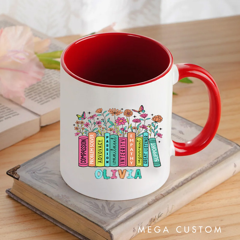 Personalized Floral Book Mug 11oz Ceramic Reading Accent Mug with Name for Bookworm Bookish Coffee Cup Book Lover Gift