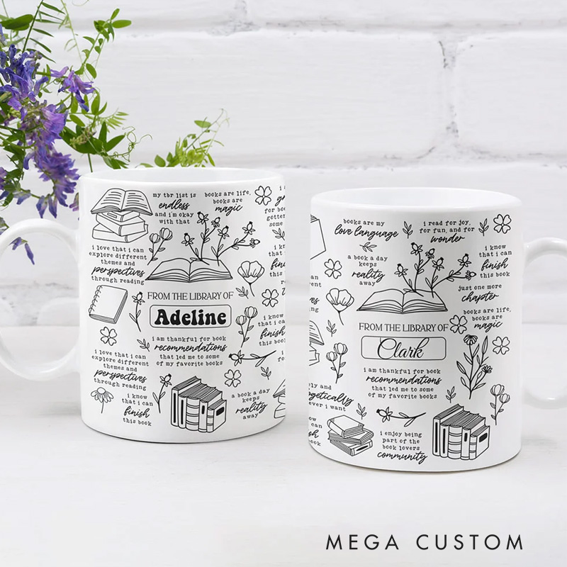 Personalized from the Library of Mug with Name Floral Book 11oz Ceramic Coffee Cup with Daily Affirmation Reading Accent Mug Gift for Family Friend Reading Lover
