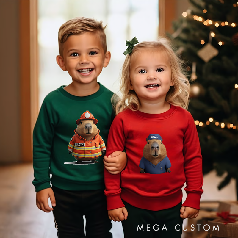 Personalized Kids Sweatshirt and Holiday Pullover with 3D Capybara Character Design Featuring Different Occupations for a Fun and Festive Winter Look