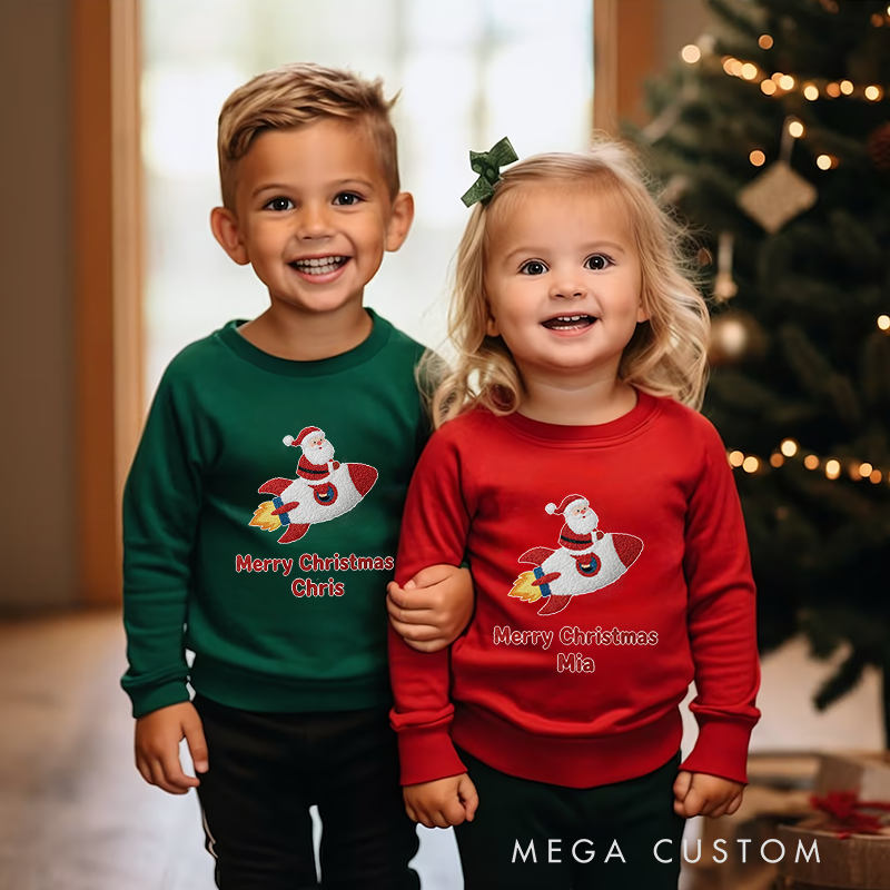 Personalized Kids Sweatshirt and Holiday Pullover with 3D Rocket Print and Santa Design Featuring Festive Christmas Elements for a Joyful Winter Look 