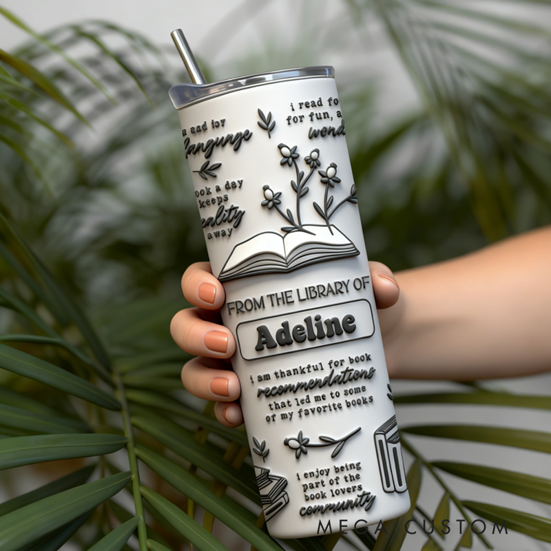 Personalized 20oz Reading Floral Books Affirmations Skinny Tumbler with Straw and Name Birthday Gift for Book Lovers
