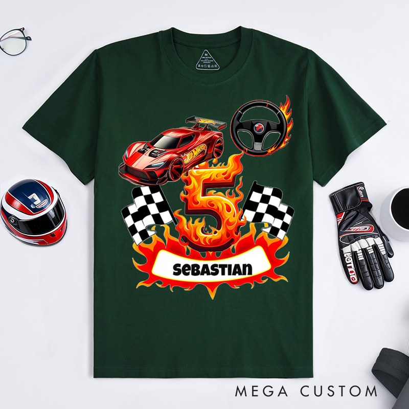 Personalized Racing T-Shirt Custom Name and Number Flame Car Checkered Flag Design for Racers and Racing Lovers