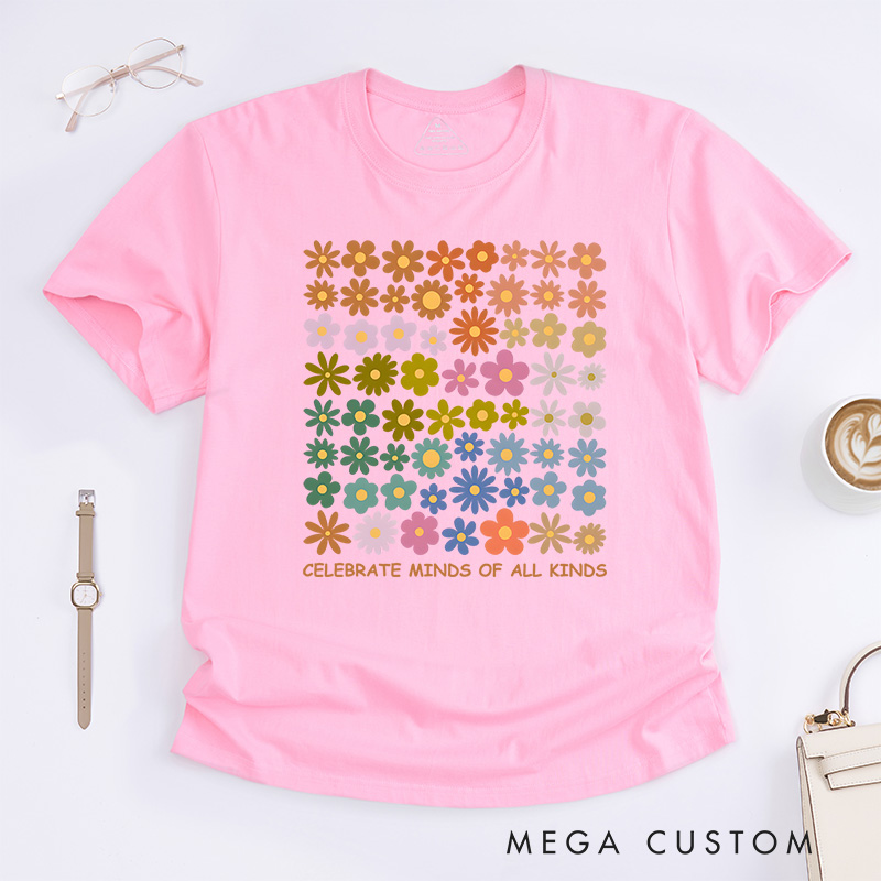 Personalized Celebrate All Minds Colorful Flowers T-Shirt Mental Health Gift