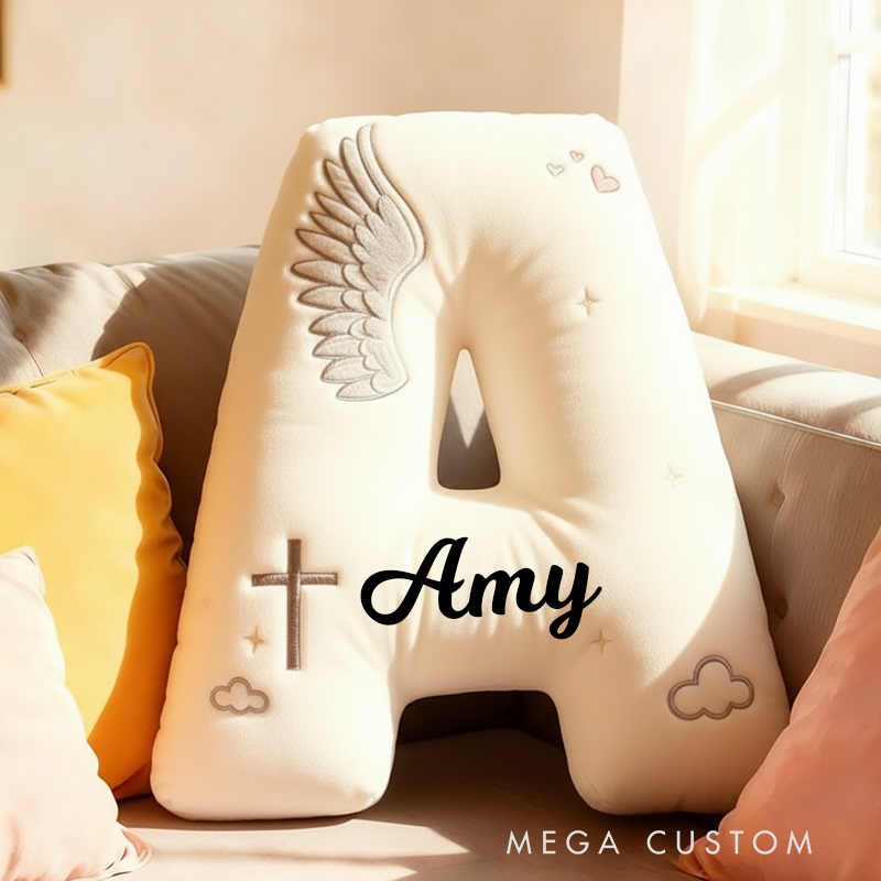 Personalized Letter Pillow Angle Wings Graphic 3D Print Custom Name Design Pillow for Family Gift