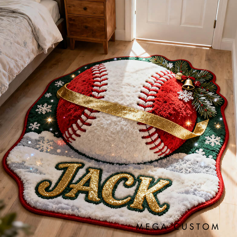 Personalized Baseball Christmas Rug with Custom Name and Holiday Design for Sports Fans