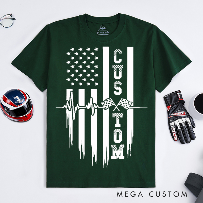 Personalized Racing T Shirt Custom Text Heartbeat Checkered Flag American Flag Tee for Racing and Car Lovers