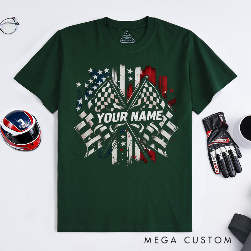 Personalized Racing Flag T-Shirt Custom Name Classic Motorsport Tee with Flag Design for Car Lovers