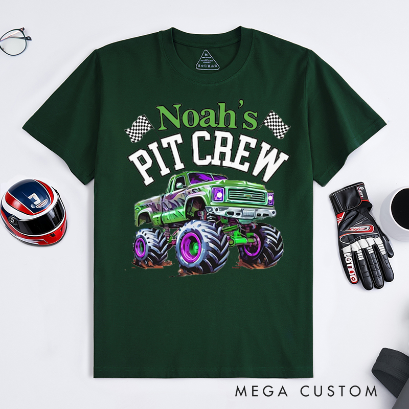 Personalized Monster Truck Pit Crew T‑Shirt Custom Name Classic Racing Tee Family Matching Shirt Car Lover Gift
