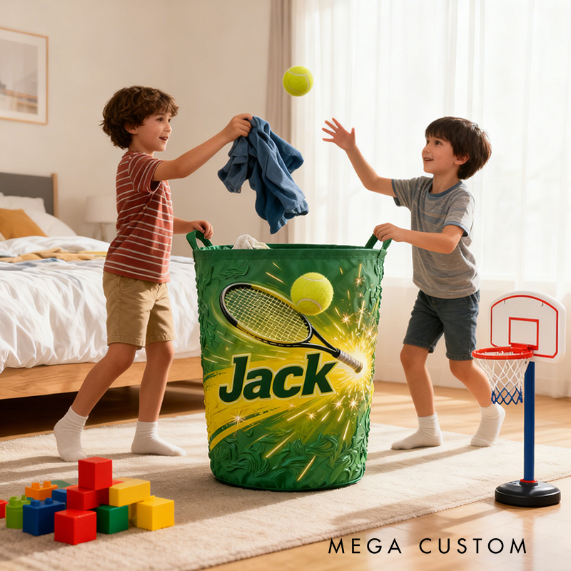 Personalized Tennis Storage Basket with Custom Name and Vibrant Green Design for Enthusiasts
