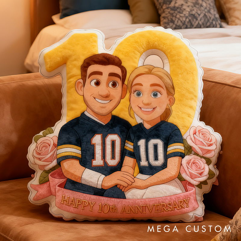 Personalized 10th Anniversary Football Player Pillow with Custom Couple Portrait and Romantic Floral Design Anniversary Gift Valentines Day