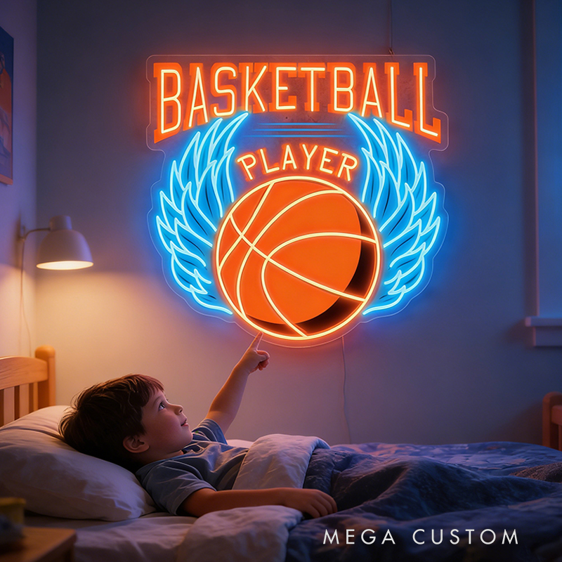 Personalized LED Basketball Neon Sign with Winged Ball Design for Basketball Lovers Teenage Boy Gifts