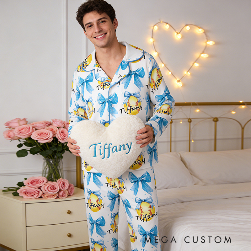 Personalized Couple Softball Pajamas with Custom Name and Romantic Design Gift for Anniversaries Valentine’s Day 