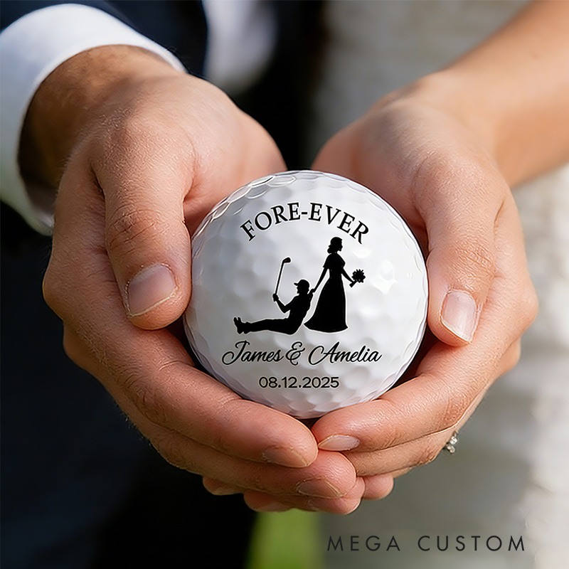 Personalized Bride and Groom Golf Ball with Wedding Silhouette and Details for Weddings and Anniversaries