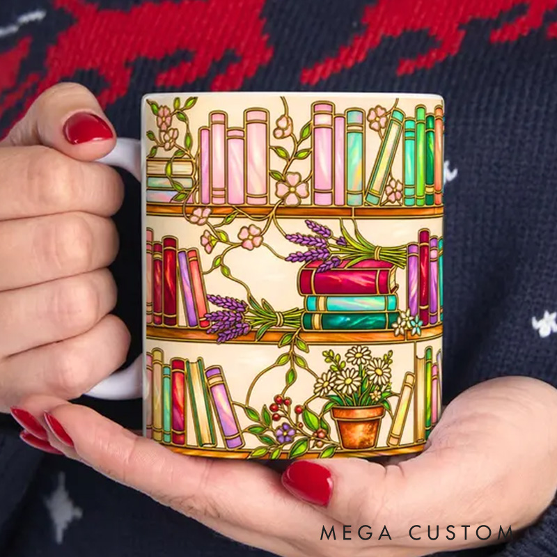 Personalized Stained Glass Floral Bookshelf Mug Custom Colorful Bookish Reader Coffee Cup with Name for Bookworm Reader Book Lover Booktoker Librarian Gift