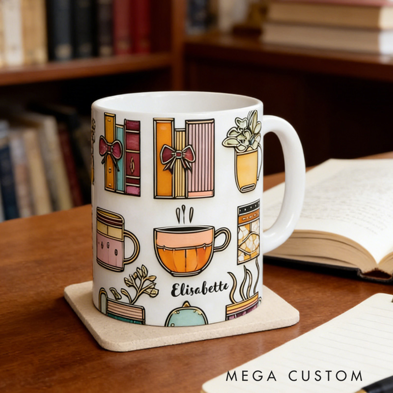 Personalized Stained-Glass Flower Book Mug Custom Floral Book Coffee Cup with Name for Bookworm Reader Book Lover Librarian Gift