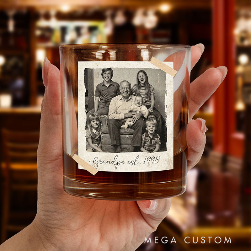 Personalized Photo Whiskey Glass Custom Vintage Retro Polaroid Photo for Dad Grandpa Him Husband Family Gift