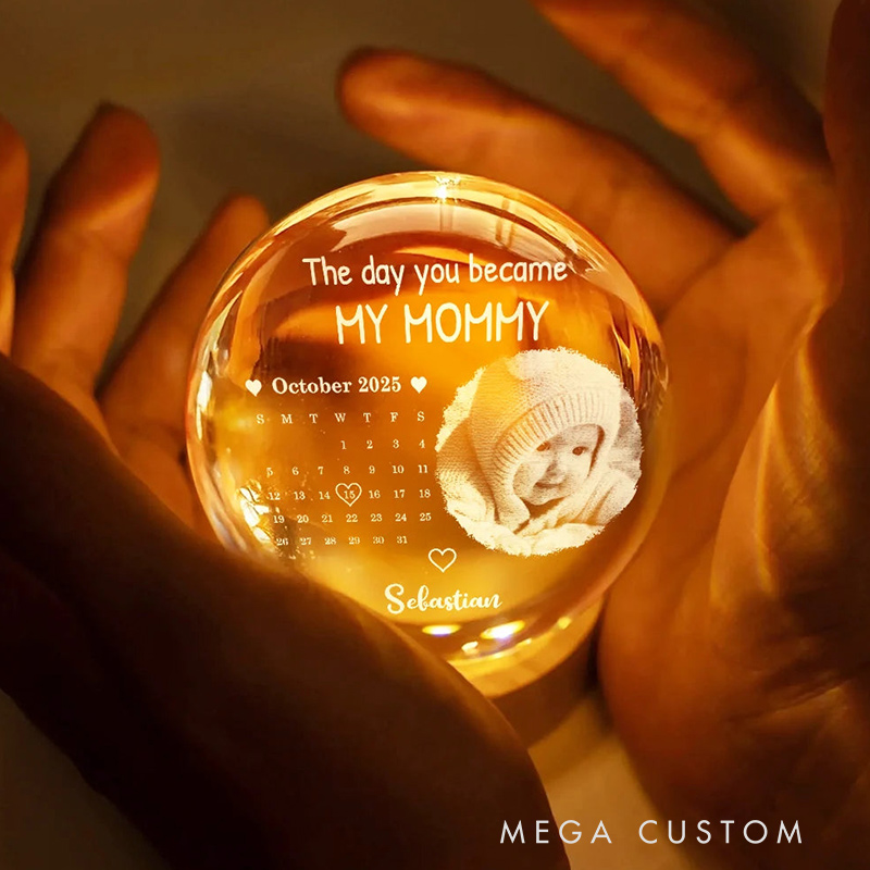 Personalized Crystal Globe Lamp Custom Photo Calendar The Day You Became My Mommy Night Light Pregnancy Announcement Gift New Dad Gift