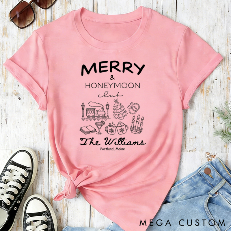 Personalized Merry and Honeymoon Club Classic T-shirts Travel Honeymoon Valentine's Day Crewneck Gift