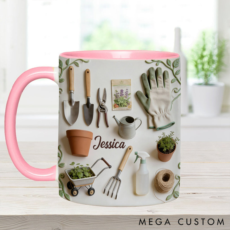Personalized Love Gardening Mug Adorned with 3D Tool Embellishments Custom Name Engraved Mug for Avid Garden Lovers