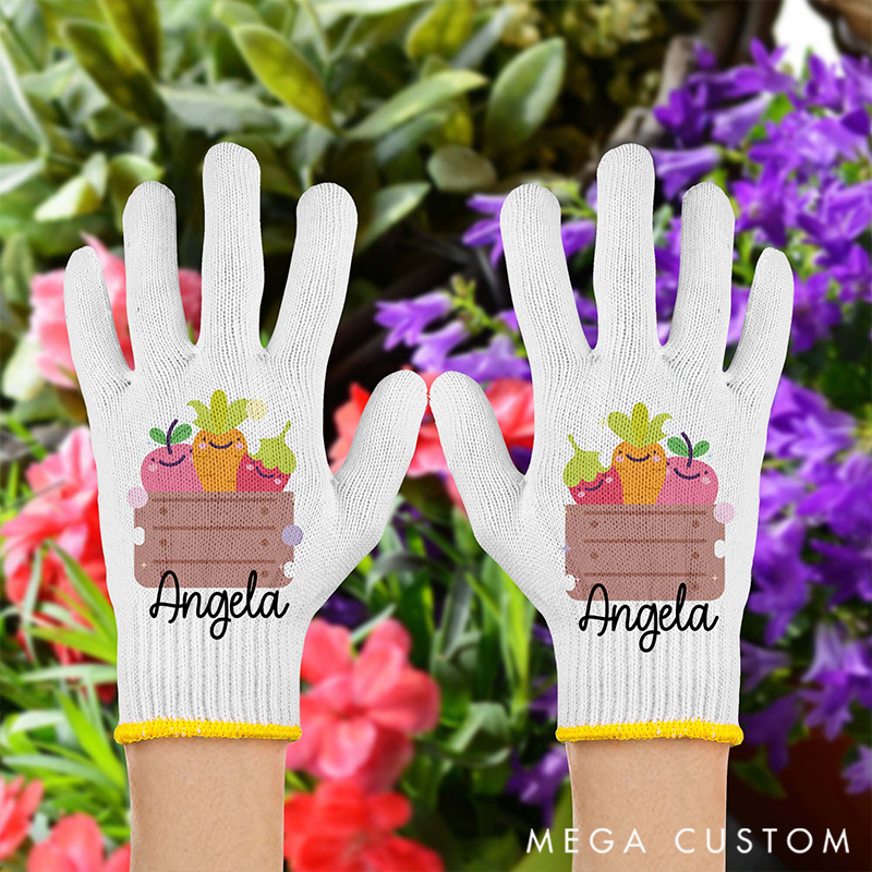 Personalized Name Gardening Gloves with Cute Vegetable & Fruit Crate Embroidery: Adorable, Functional Work Gear for Garden Lovers