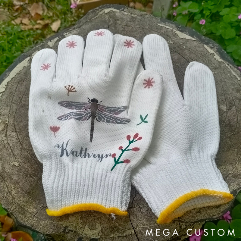 Personalized Name Gardening Gloves Adorned with Delicate Dragonfly & Floral Embroidery: Charming, Practical Gear for Outdoor Enthusiasts